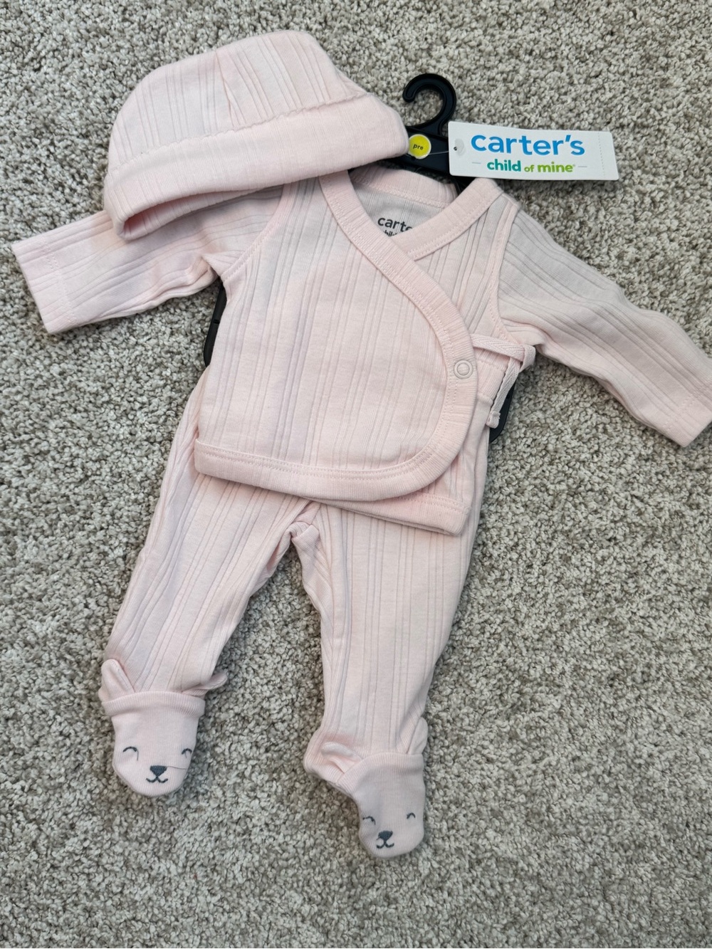 New with Tags! Preemie,Carter's Light Pink Ribbed Wrap Footed two-Piece with Hat